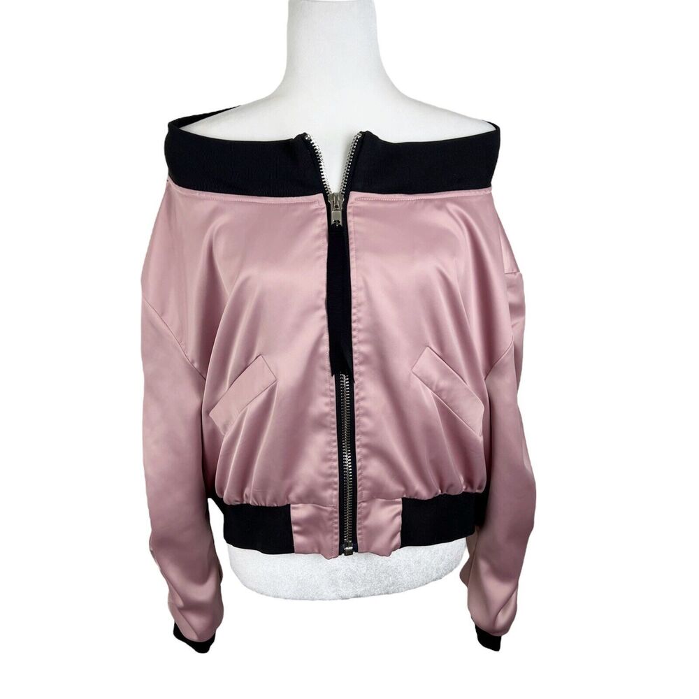 Alpha & Omega Interstellar Bomber Jacket Women Small Pink Satin Off Shoulder